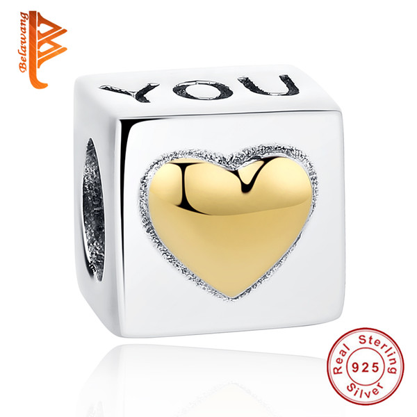 BELAWANG 925 Sterling Silver Charm Beads I Love You Gold Color Heart Beads Fit Pandora Bracelet&Bangle Jewelry Making Valentine's Day Gift