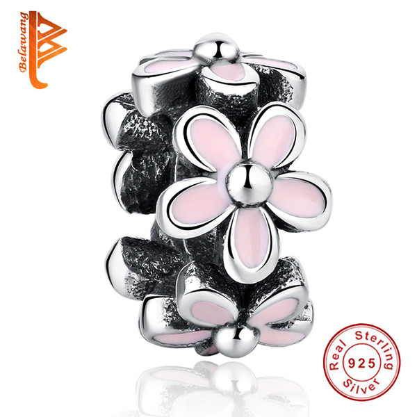 BELAWANG European Darling Daisy Flower 925 Spacer Beads Pink Enamel Charms Fit Pandora Bracelet Bangle 925 Sterling Silver Jewelry Making