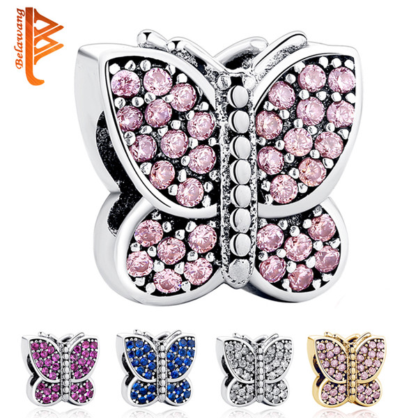 BELAWANG 5 Colors Butterfly Shape European Charms 925 Sterling Silver Clear Crystal Charm Beads fit Pandora Charm Bracelets Jewelry Making