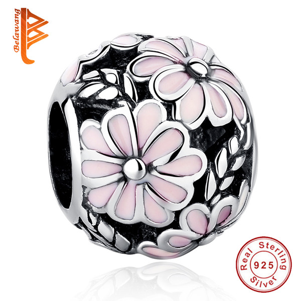 BELAWANG 100% 925 Sterling Silver Big Hole DIY Beads Pink Primrose Petal Charms Bead Fit Pandora Charm Bracelets&Bangles DIY Jewelry Making