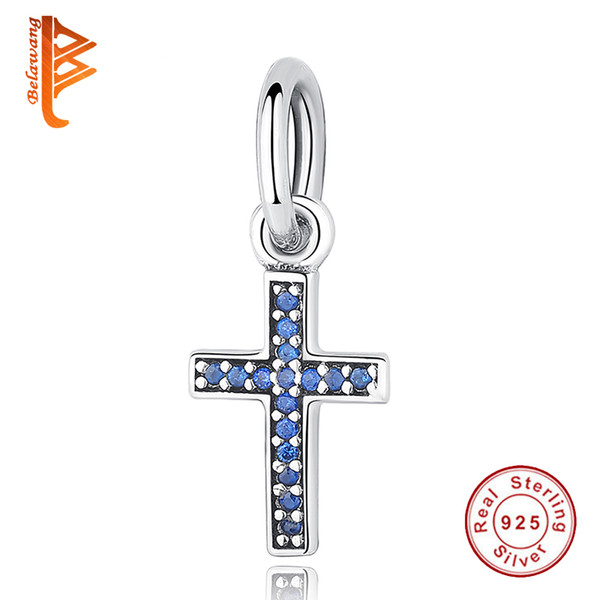 BELAWANG 925 Sterling Silver Dazzling Clear CZ Diamond Beads Fancy Pink&Blue Crystal Cross Charm Fit Pandora Bracelet DIY Jewelry Making