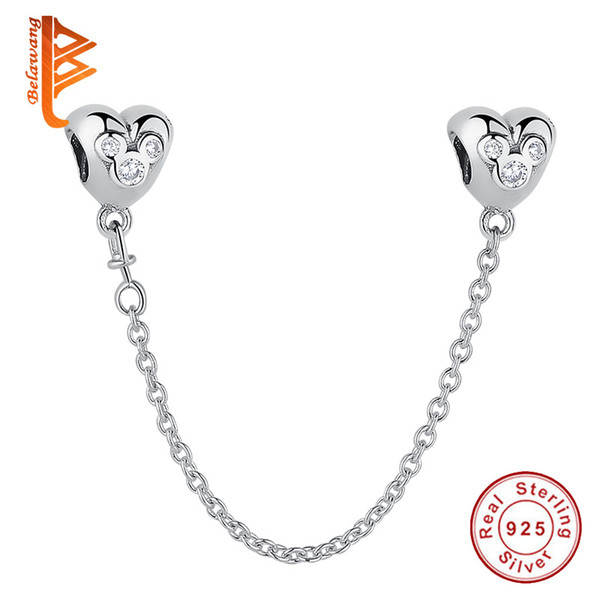 BELAWANG for Women 925 Sterling Silver Clear CZ Heart Shape Safety Chain Cartoon Charm Beads fit Pandora Charm Bracelet DIY Jewelry Making