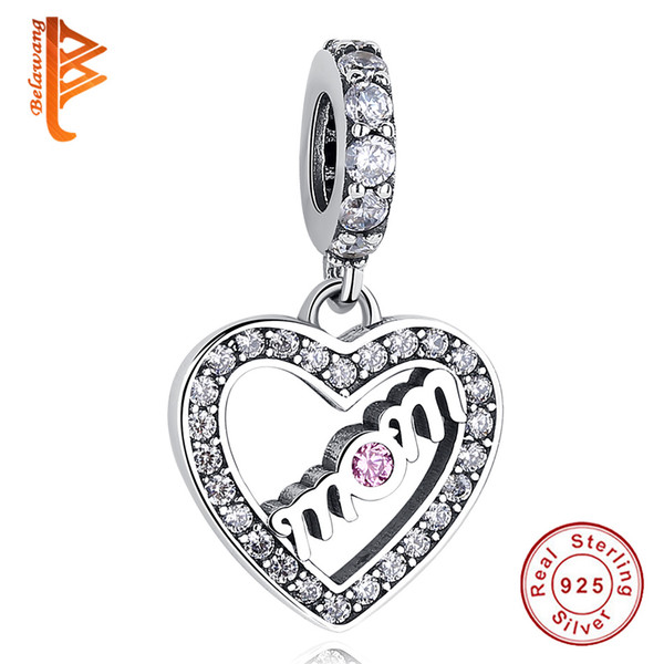 BELAWANG MOM Charm 100% 925 Sterling Silver Heart Beads Charm Cubic Zirconia Charm Fit Pandora Bracelet DIY Jewelry Making For Mother Gift