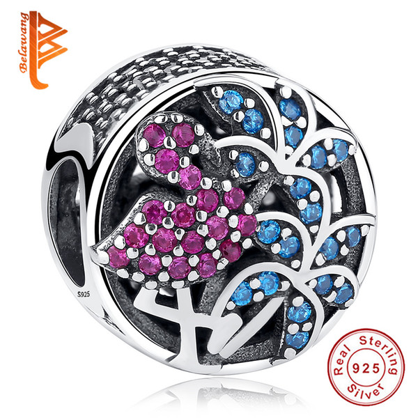 BELAWANG 925 Sterling Silver Flamingo Charms Crystals&Multi-Colored CZ Loose Beads Fit Pandora Charm Bracelets&Bangles DIY Jewelry Making