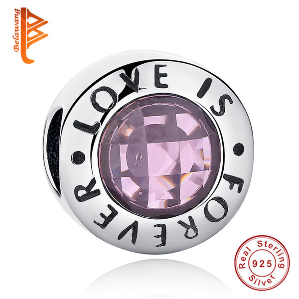 BELAWANG 925 Sterling Silver LOVE IS FOREVER Letter Charm Beads Pink Clear CZ Crystal Beads Fit Pandora Charm Bracelet Jewelry Accessories