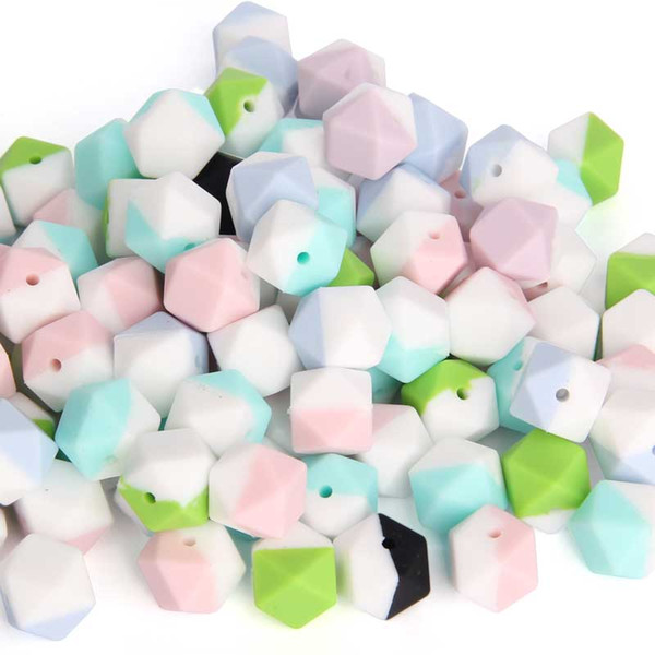 Fashion Silicone Teething Beads Double Color Hexagon 17MM BPA Free Silicone Loose Beads for Jewelry DIY Necklace Chewable Sensory Beads