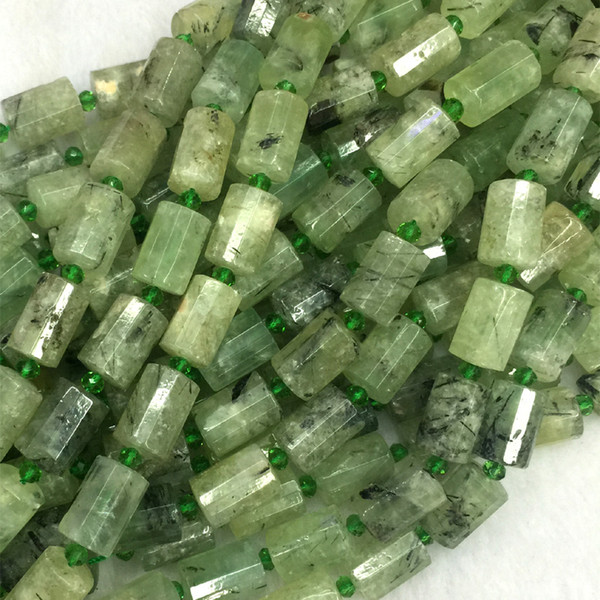 Wholesale Natural Genuine Green Prehnite Faceted Hand Cut Tube Loose Beads Barrel Column Beads 15