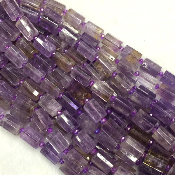 Wholesale Natural Genuine Purple Yellow Ametrine Faceted Hand Cut Tube Loose Beads Barrel Column Beads 15