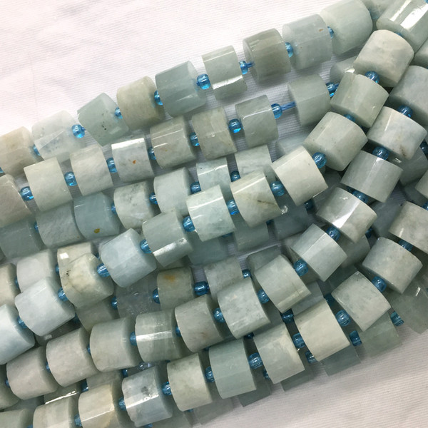 Natural Genuine Blue Aquamarine Loose Jewelry Gemstones Hand Cut Faceted Tube Barrel Column Wheel Beads 15.5