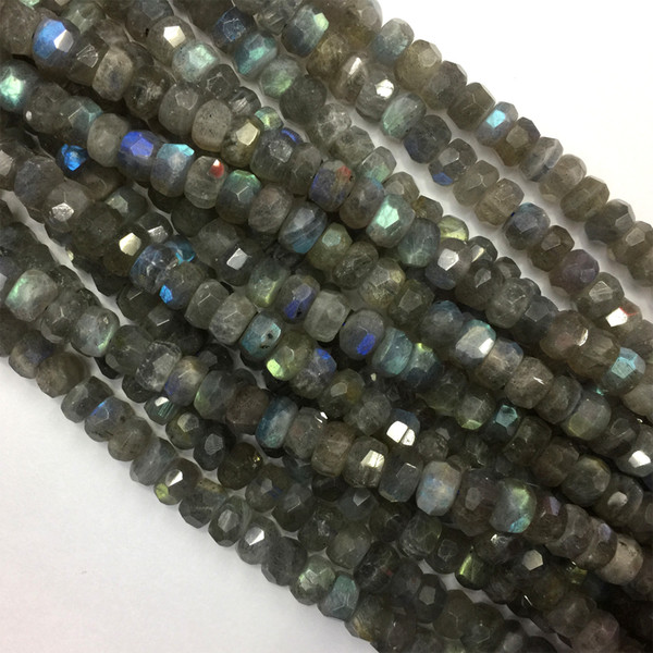 Natural Genuine Gray Blue Labradorite Hand Cut Loose Gemstone Faceted Rondelle Beads 15.5