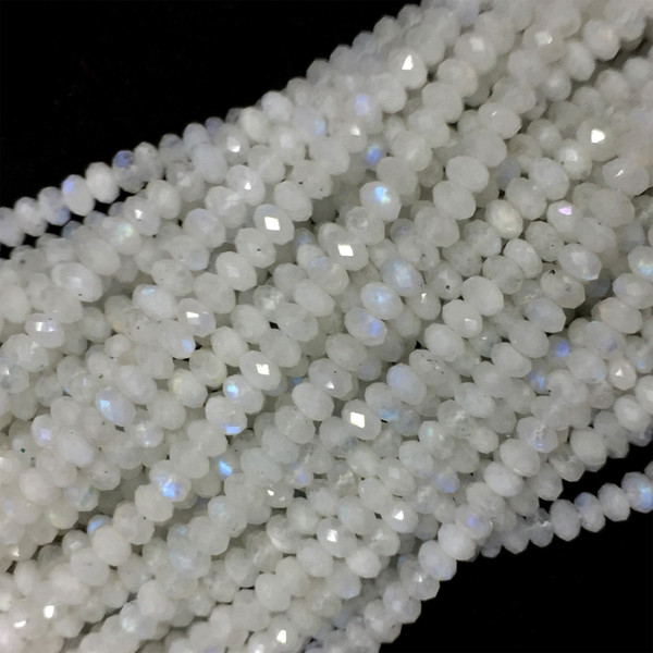 Natural Genuine White Blue Light Moonstone Hand Cut Loose Gemstone Faceted Rondelle Beads 16