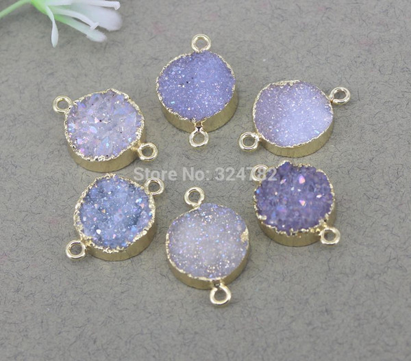 5pcs Round Shape Natural Quartz Druzy Gem stone Connectors,Gold Metal Stone Connector beads in AB color,For Jewelry Making