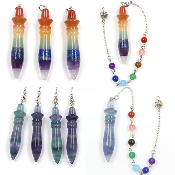 Stylish Natural Fluorite 7 Color Layer Energy Crystal Reiki Pendulum 7 Chakra Beads Chain Amulet Jewelry 1 Pcs