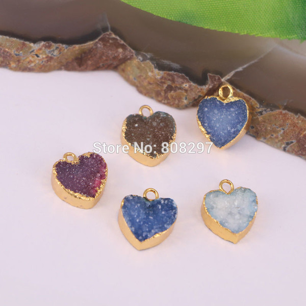 6Pcs Quartz Druzy Stone Pendant Charms in Mixed color, Heart shape, Gold color Crystal Drusy Gem stone Pendants