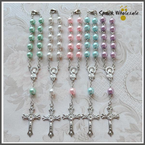 50pcs/lot Religious Gifts Multi Colors Glass Pearl Rosary Bracelet Children's Communion Baby's Bastism Favor Decade Mini Rosary