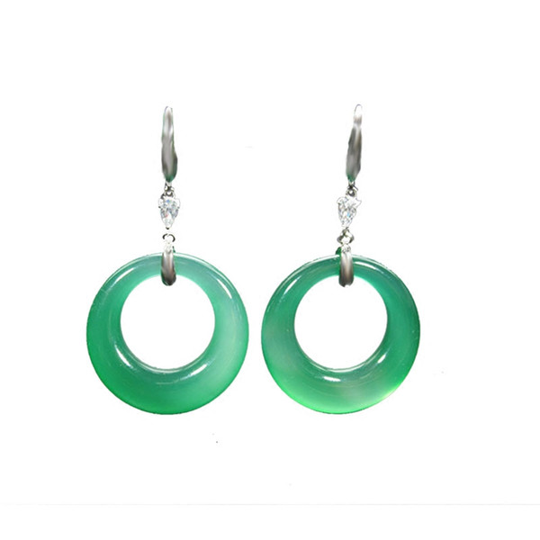 Natural ice kind of green agate earrings female long section s925 sterling silver inlaid grandmother green peace ring earrings