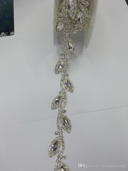 free shipping 50cm/pack 1.8cm leaf flower shiny clear crystal rhinestone metal chain yard bridal wedding dress shoes decoration.