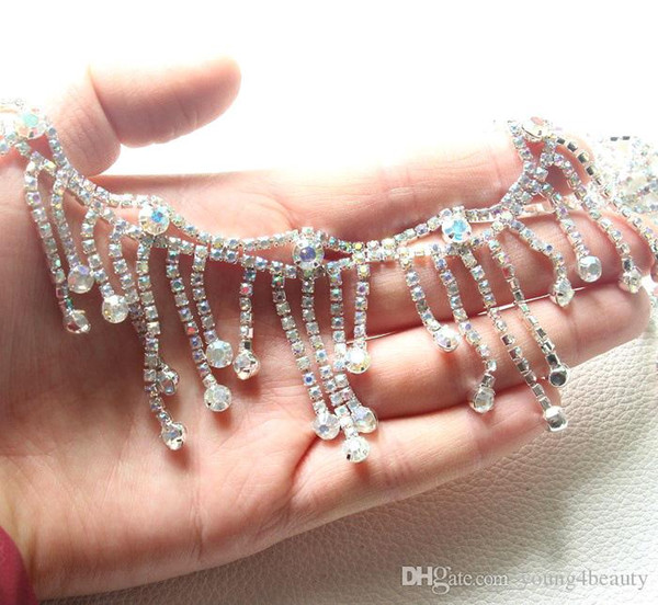 90cm/pack AB crystal rhinestone chain yard trims with long 5cm fringe for gown dress garment decoration fashion stone tassels.