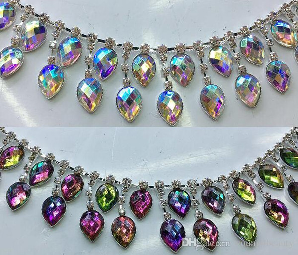 90cm/lot fashion pink AB colorful acryl tear-drop crystal rhinestone chain strass fringes for dancing dress garment decoration.