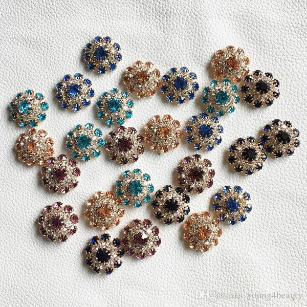 10pcs/lot 22mm purple blue pink crystal rhinestone button gold flower button for women over coat sweater garment embellishments.