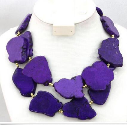 2 Strands 25-35mm Woman Purple Turquoise Slice Stone Choker Necklace Gold Bead Mixed