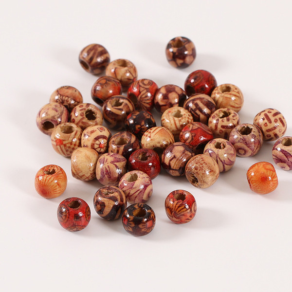 Mixed Pattern Ethic Style Printed Wooden Round Ball Big Hole Beads Fit Jewelry Handmake 9x10mm Hole: 4mm 100pcs/Lot free shipping