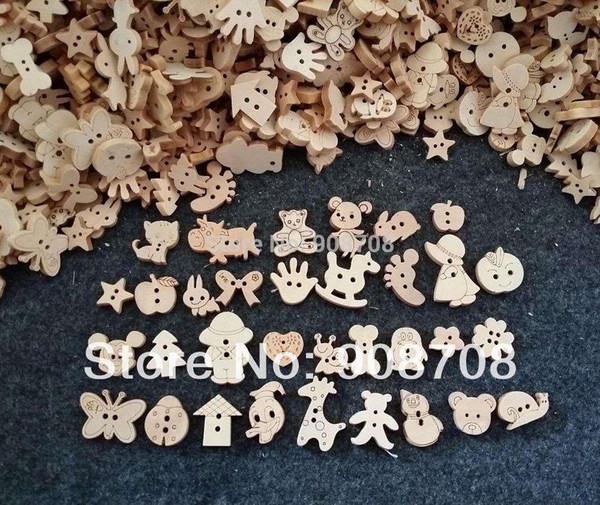 Free shipping W0125 Mixed Cartoon Pattern Natural Color Wooden Buttons Handmade Accessory 200Pcs/lot