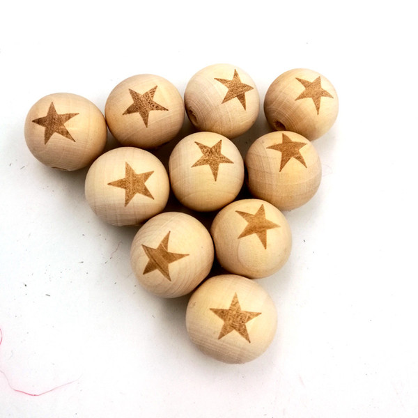 100pcs wood round ball bead star pentagram shaped burnt engrave diy accessory wooden craft for teether EA138-1