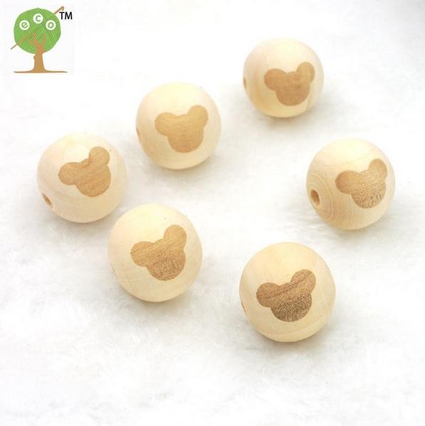 30pcs 20mm natural round ball wooden beads bear mouse shaped burnt engrave diy finding wooden craft for teether handmade EA99