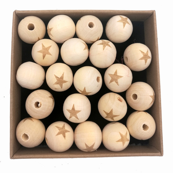 30pcs wood round ball bead star shaped burnt engrave diy accessory wooden craft for teether EA138