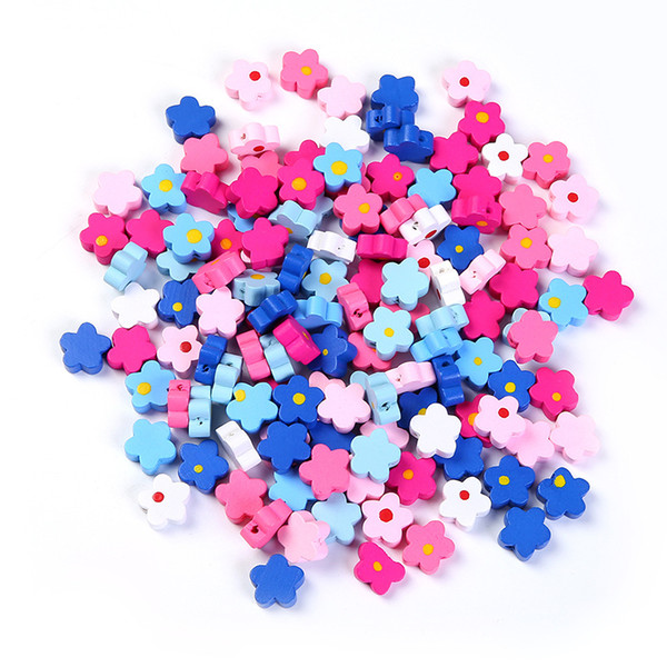 200Pcs 7 Colors 15mm Floral Wooden Beads Charms Necklace Bracelet Diy Jewelry Accessories Children's Handmade Beads Wood Beads Wholesale