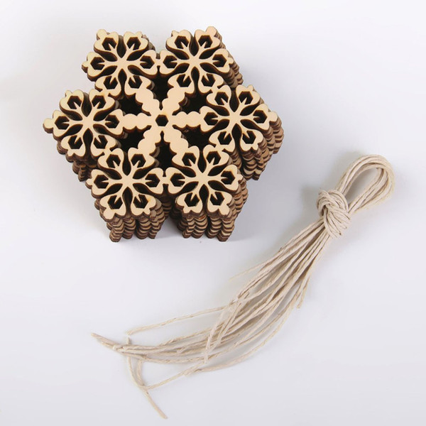 10pcs Round Hexagonal Wooden Snowflake Hanging Ornament Decoration Pendants with String (Wood Color)