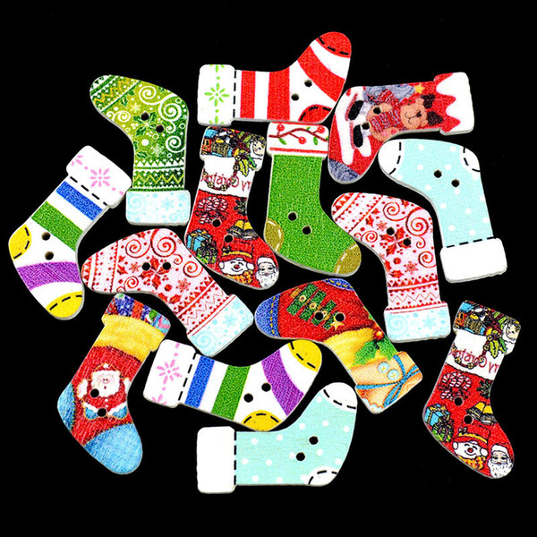 Selling 60pcs Christmas socks decorative buttons cartoon color button 2holes 30*18mm wooden buttons buttons toys