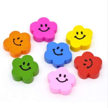 Doreen Box hot- 50 Mixed Color Cute Smiling Flower Wood Beads 20x20mm (B11285)