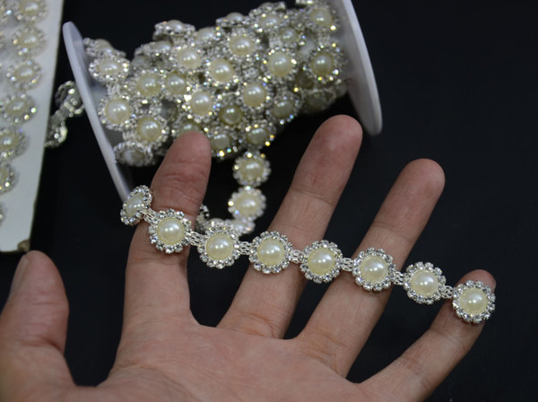 Free shippment!5yards/lot Crystal Clear pearl beaded glass rhinestone cupchain silver base Dress Decoration Trim Applique sew on