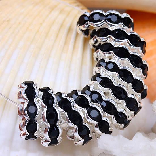 Free Shipping 12mm Black wave-shape Rhinestone Spacers,Silver Plated Beads Findings, 50pcs/lot