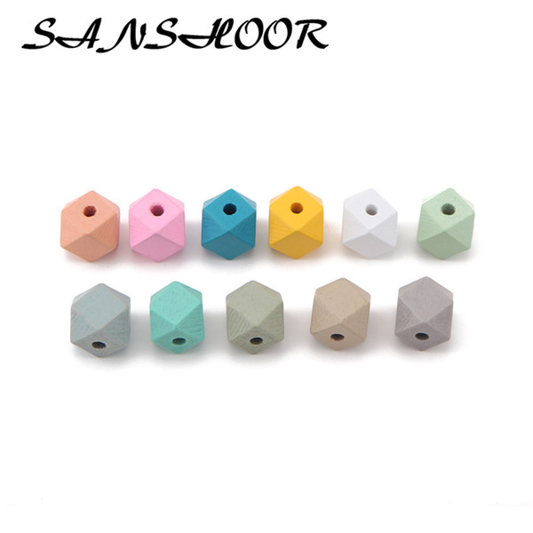 Cheap Beads SANSHOOR 15mm DIY Geometric Wooden Beads Rainbow Color Fit Baby Teething Key Chains Women Necklace Jewelry Findings 50pcs/lot