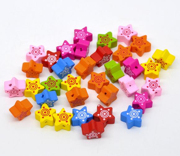 Fashion Jewelry Free Shipping Random 100pcs Mixed Multicolor Cute Star Wood Beads 15x15mm wooden