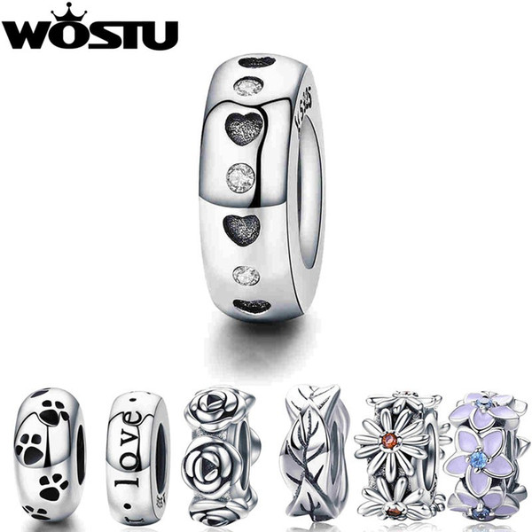 WOSTU Real 925 Sterling Silver 9 Styles Heart & Clear CZ Spacer Stopper Beads fit Wostu original Charm Bracelet Jewelry CQC593