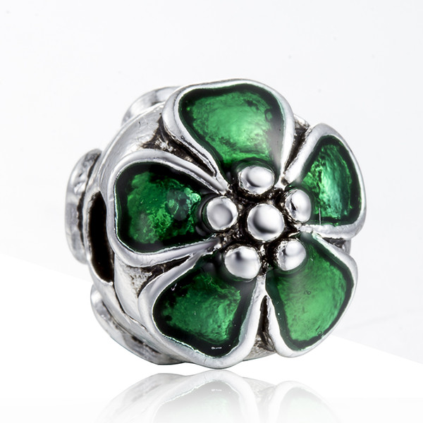 New! 925 Sterling Silver Bead Clip Green Enamel Flower Clasp European Charms Silver Beads For Snake Chain Bracelet DIY Jewelry