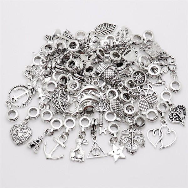 Mix 50pcs/lot Vintage Big Hole Loose Beads European Pendant fit  charm bracelet DIY Metal jewelry making