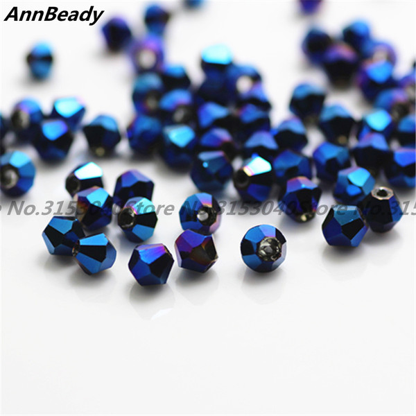 100pcs Plated Blue Color 4mm Bicone Crystal Beads Glass Beads Loose Spacer DIY Jewelry Making Austria Crystal