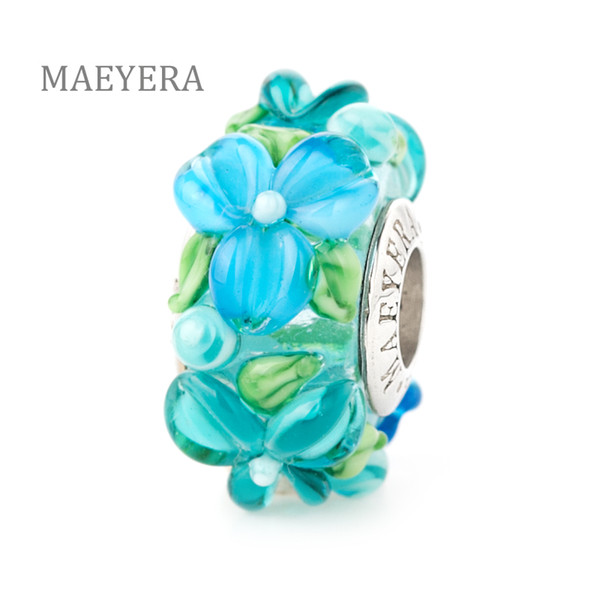 MAEYERA Brand New 925 Sterling Silver Light Blue Stereo Petals Murano Glass Beads Fit European Charm Jewelry 920335