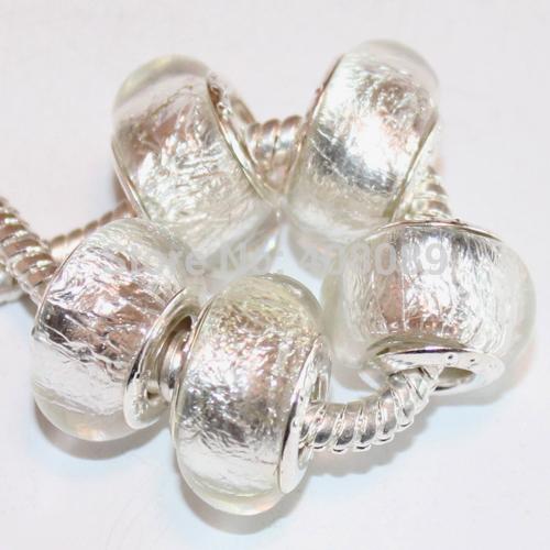 50Pcs 925 sterling White Foil Gorgeous Murano Glass Beads Charms fit European Jewelry Charm Bracelets & Necklace