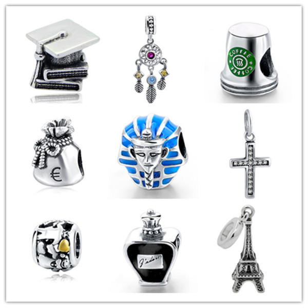 Fit Authentic charms silver 925 original Antique Eiffel Tower Coffee cup Purse Cross Perfume bottle Bracelet Beads Gift