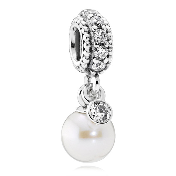 Authentic 925 Sterling Silver Bead Charm Luminous Elegance Pearl With Crystal Pendant Beads Fit Bracelet DIY Jewelry