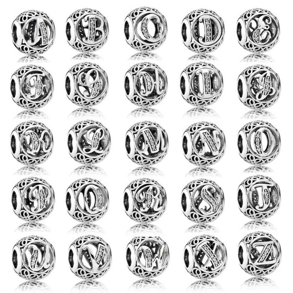 Authentic 925 Sterling Silver Vintage Clear Letter Bead Charms Fit Original European Bracelets Women Charm Bracelets Silver 26 Letters Beads