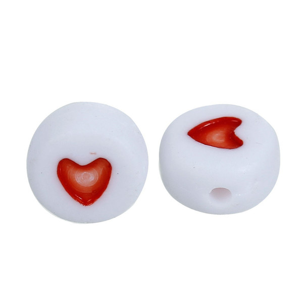 DoreenBeads 50PCs Fashion Jewelry White & Red Love Heart Acrylic Flat Round Beads for DIY Craft 2018 Hot Sale 7mm Dia, Hole: 1mm