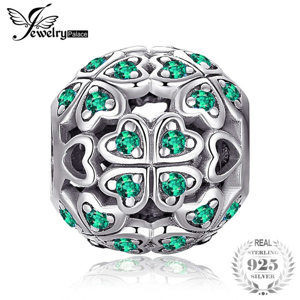 JewelryPalace 925 Sterling Silver Lucky Flora Round Green Cubic Zirconia Four Leaf Clover Heart Charm Beads Fit Bracelets DIY