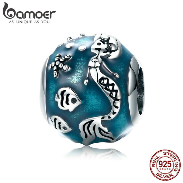 BAMOER 100% 925 Sterling Silver Mermaid's Missing Enamel Fish Ocean Charm Beads fit Charm Bracelet Bangles Jewelry Making SCC819